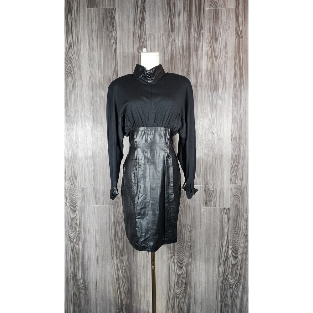 Phoenix Vintage Black Faux Leather‎ 80s ROCK RETRO High Neck Sheath Dress Sz 7/8